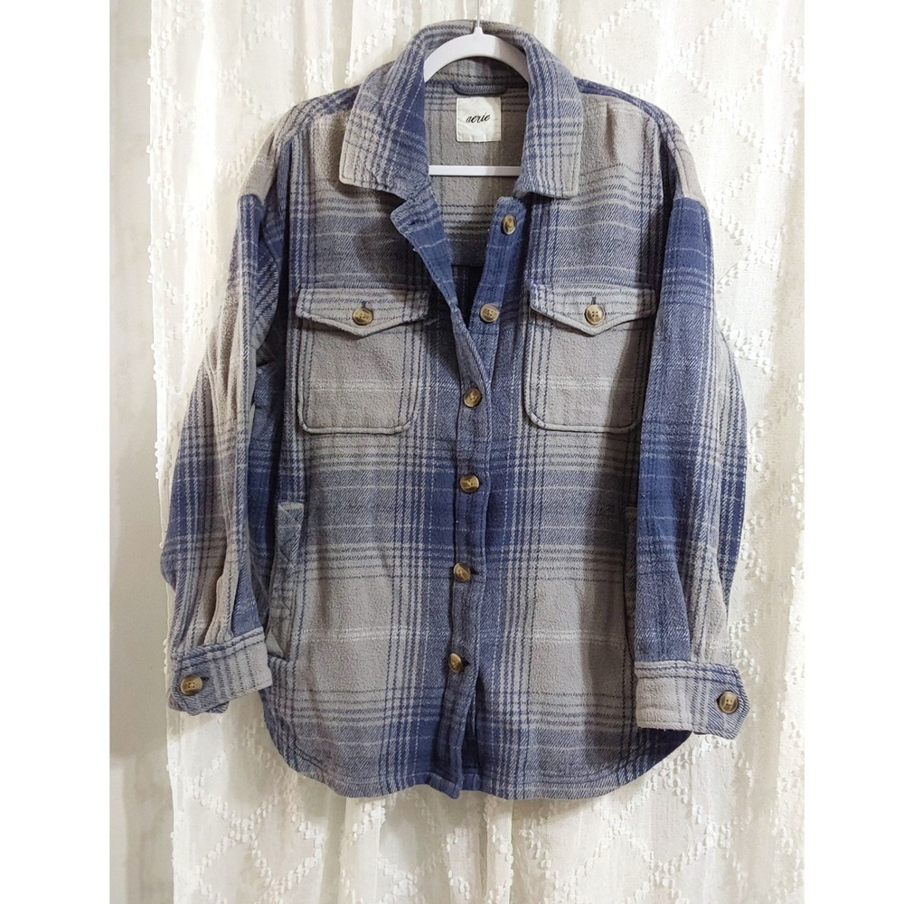 Aerie Women Blue Grey Plaid Button Down Fleece Shacket Jacket Medium